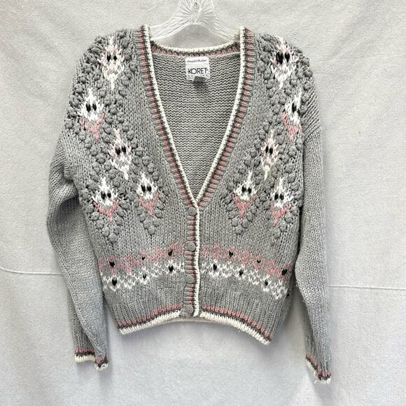 Koret cottagecore gray knit pom pom semi cropped cardigan sweater Size Petite - Picture 1 of 16